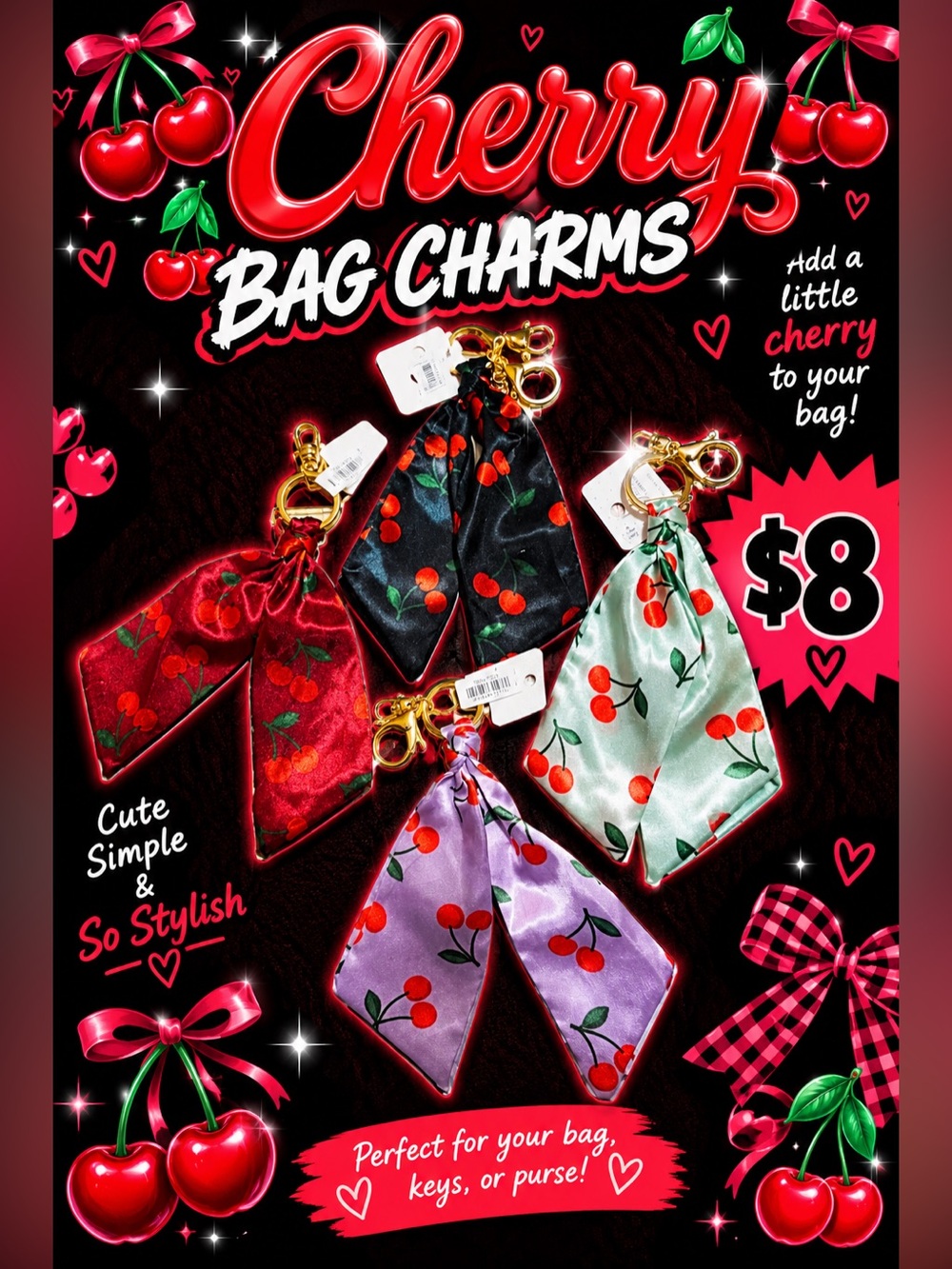 Cherry Print Bag Charm Keyrings